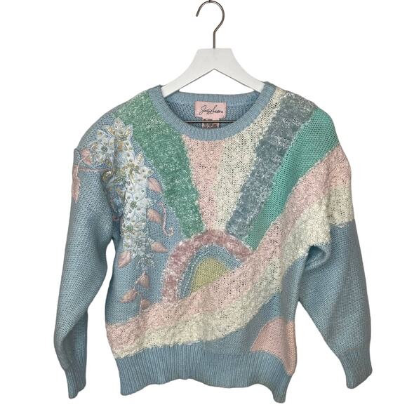 Vintage Pastel Embellished Bold Pattern Sweater - Women's Size M - Picture 1 of 6